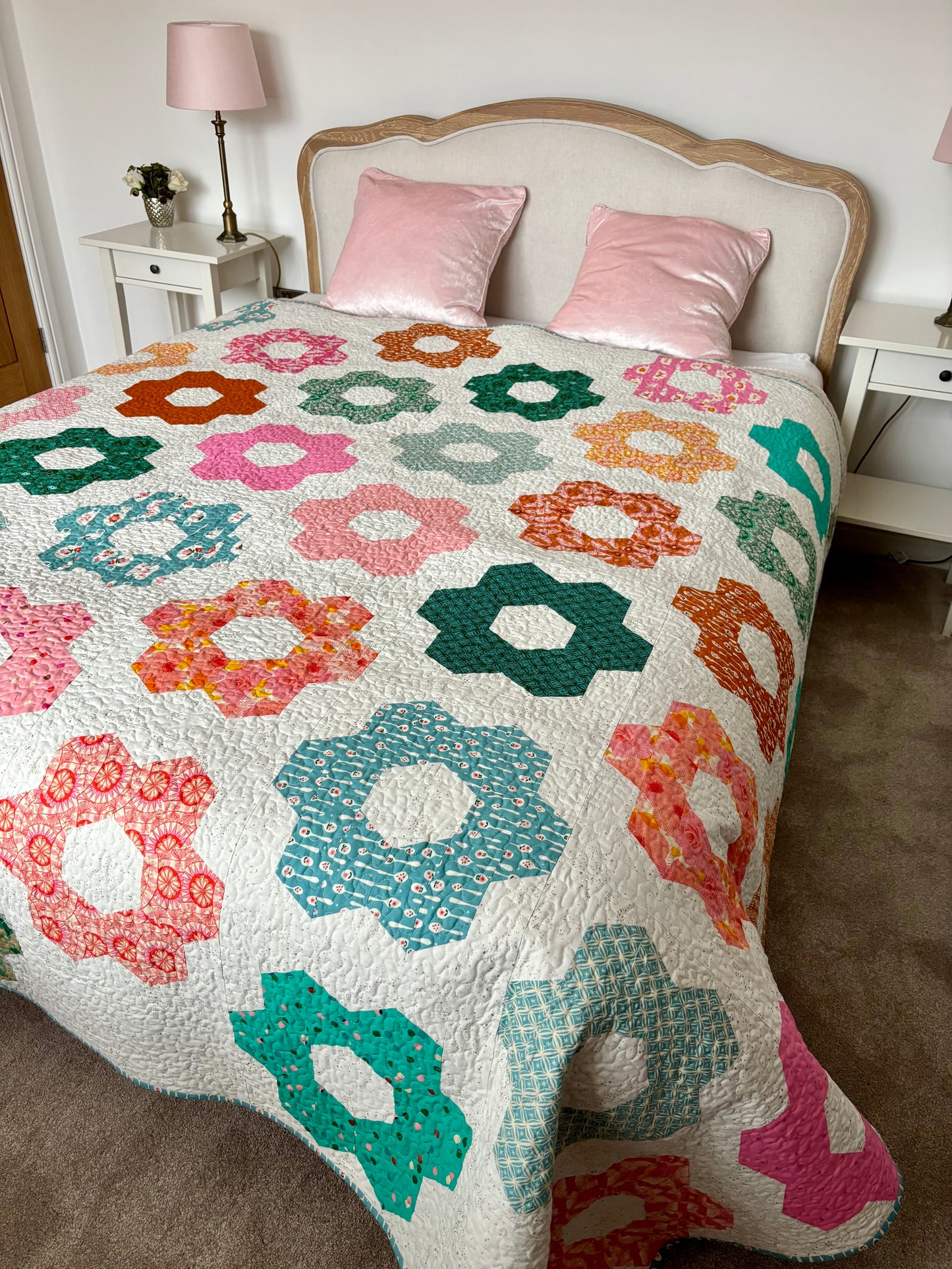 Handmade "Hexie Blooms" Patchwork Quilt