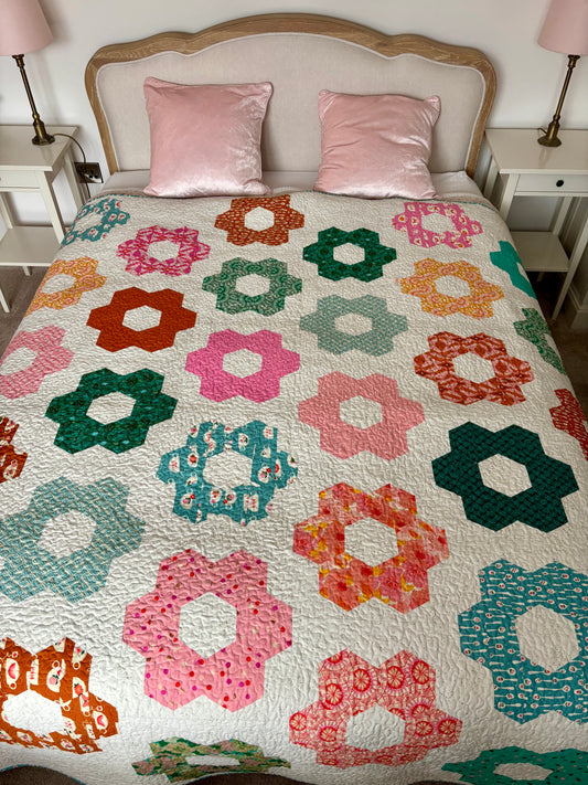 Handmade "Hexie Blooms" Patchwork Quilt